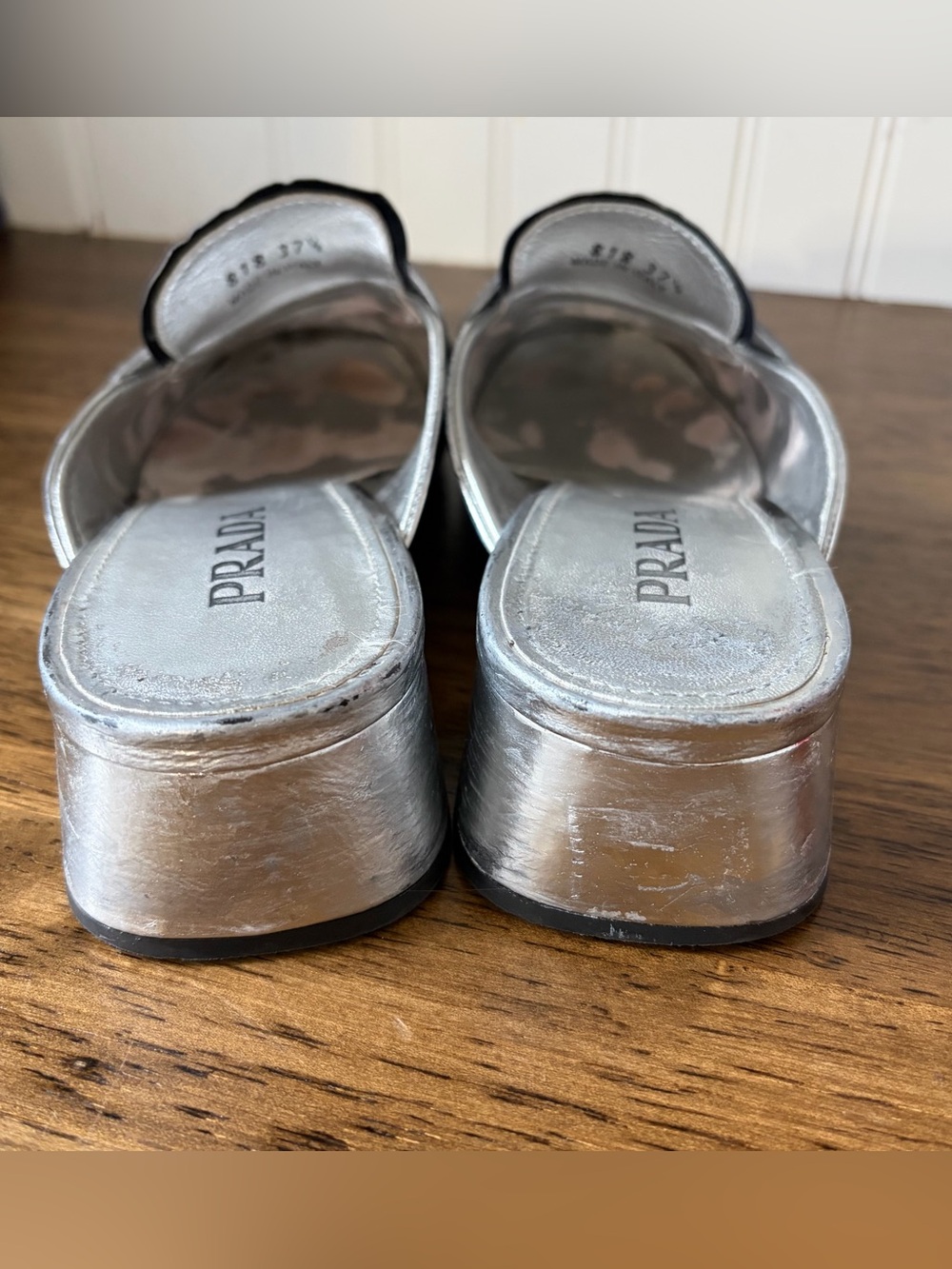 PRADA Silver Metallic Leather Mules Loafer Slides size 7 37.5 - Picture 6 of 12